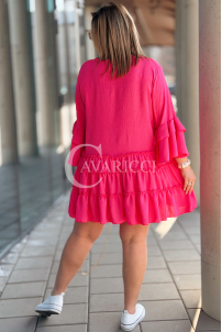 Basilia Midi-Kleid mit Rüschen & weitem Ärmel – Fuchsia