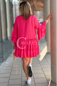 Basilia Midi-Kleid mit Rüschen & weitem Ärmel – Fuchsia