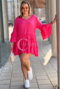 Basilia Midi-Kleid mit Rüschen & weitem Ärmel – Fuchsia