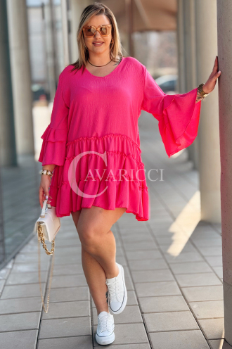 Basilia Midi-Kleid mit Rüschen & weitem Ärmel – Fuchsia
