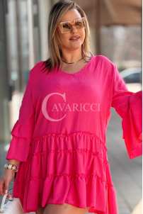 Basilia Midi-Kleid mit Rüschen & weitem Ärmel – Fuchsia