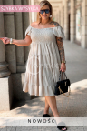 Kleid ANTONELLA – Gerafftes Oberteil, Puffärmel und ausgestellter Rock mit Rüschen Farbe Beige