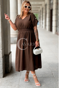 Kleid Sorento Schokolade – V-Ausschnitt & Midi-Rock